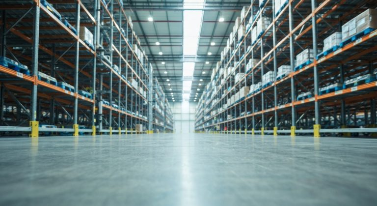 A wide-angle interior view of a massive modern warehouse with tall industrial shelving and polished concrete floors.