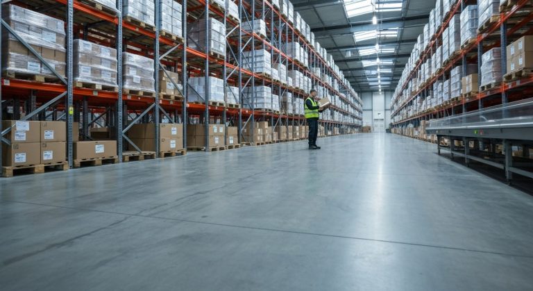 A worker in a neon vest stands between tall shelving units in a vast, modern fulfillment warehouse with concrete floors.