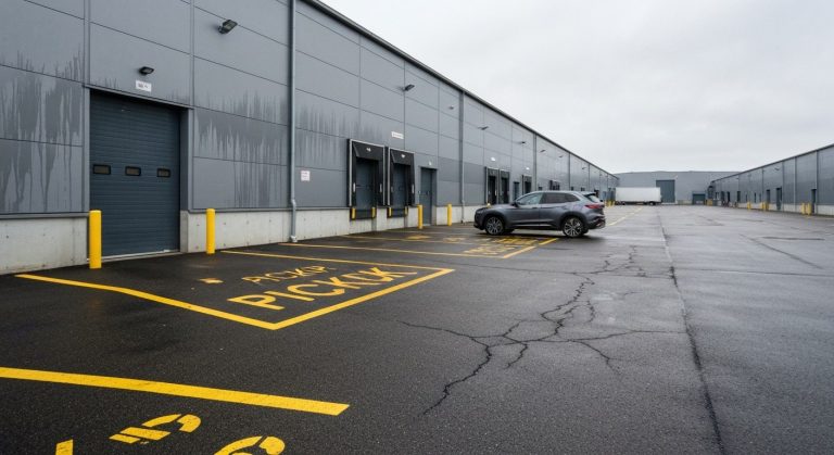 A wide shot of a grey industrial warehouse loading bay with yellow safety markings and a car parked in a pickup slot.