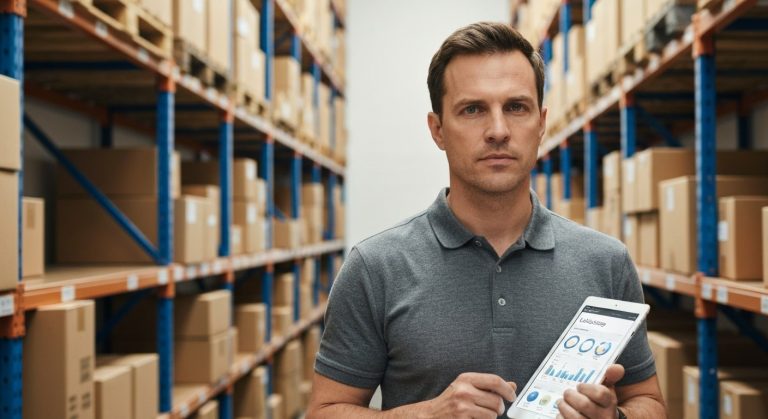 A warehouse manager holds a tablet computer while standing in an aisle of neatly organized storage racks.