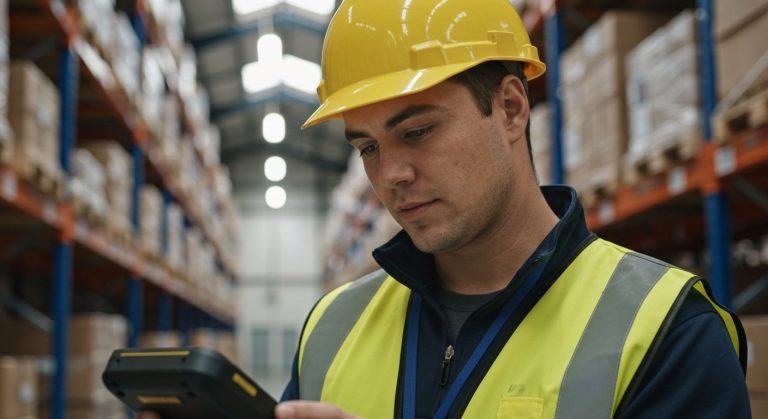 A focused warehouse worker in a yellow safety vest operates a handheld digital scanner in a modern facility.