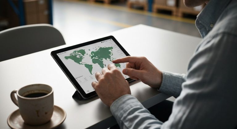 Close-up of a person's hands using a digital tablet with a logistics map in a bright, modern office setting.