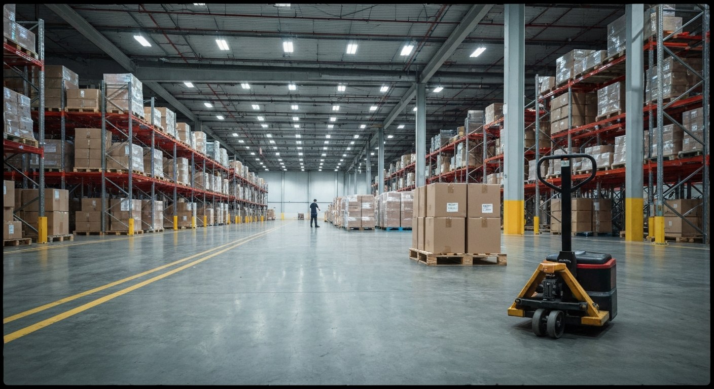 A vast, modern warehouse interior with industrial shelving and a loaded pallet jack on a scuffed concrete floor.