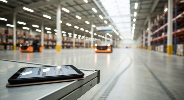 A rugged logistics tablet sits on a metal workbench inside a vast, modern warehouse with automated vehicles in the background.