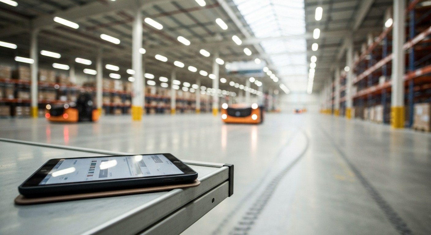 Modern Warehouse Logistics Management A rugged logistics tablet sits on a metal workbench inside a vast, modern warehouse with automated vehicles in the background.