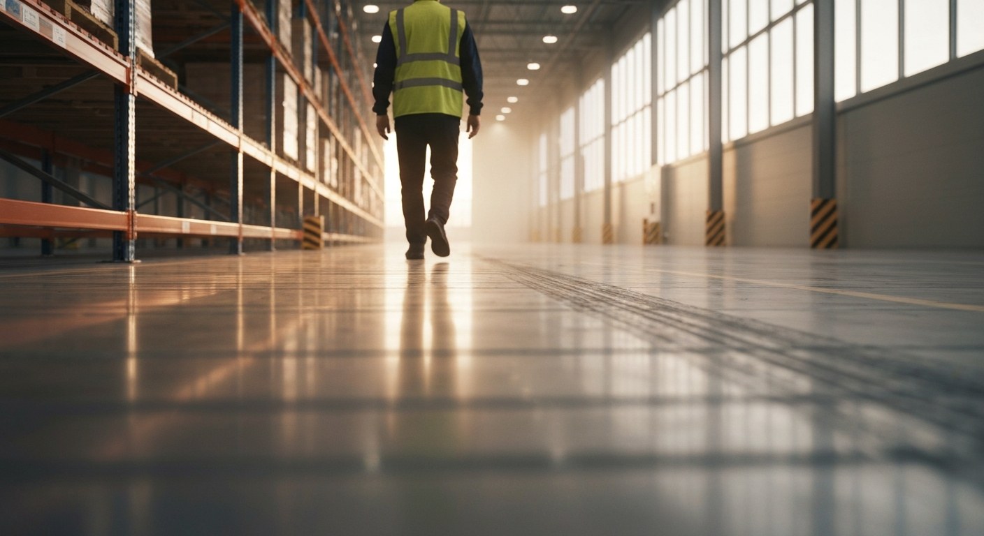 Modern Logistics Center Infrastructure Wide view of a modern, clean warehouse aisle with a worker walking during golden hour lighting.