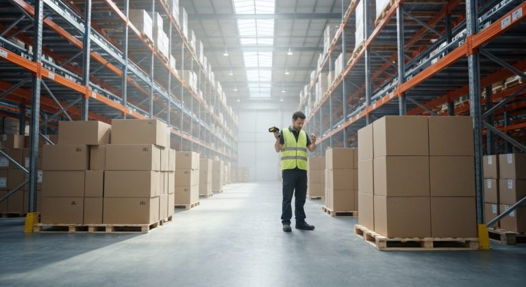 A vast, modern warehouse interior with high ceilings, steel racks, and a worker using a handheld scanner under soft natural light.