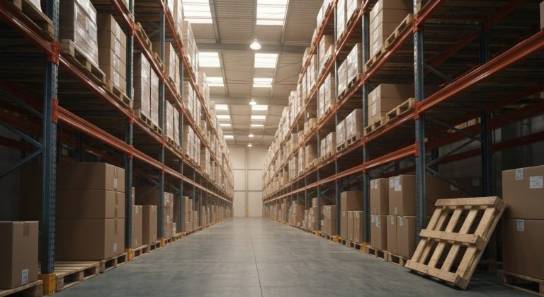 A vast, organized warehouse with tall steel shelves filled with cardboard boxes, illuminated by overhead lights and sun.