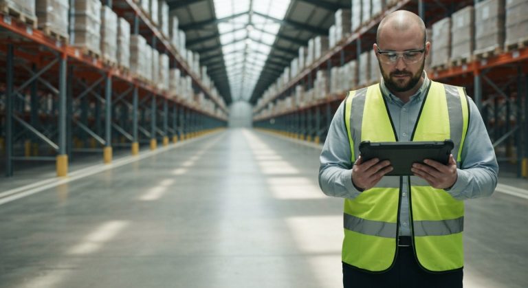 A logistics supervisor in a reflective vest uses a rugged tablet in a large, modern warehouse with high ceilings.