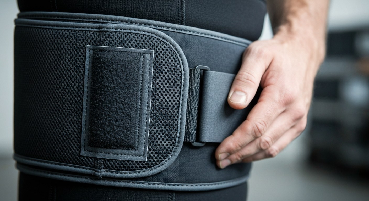 Macro shot of the technical fabric and straps of a modern lumbar support brace for industrial use.