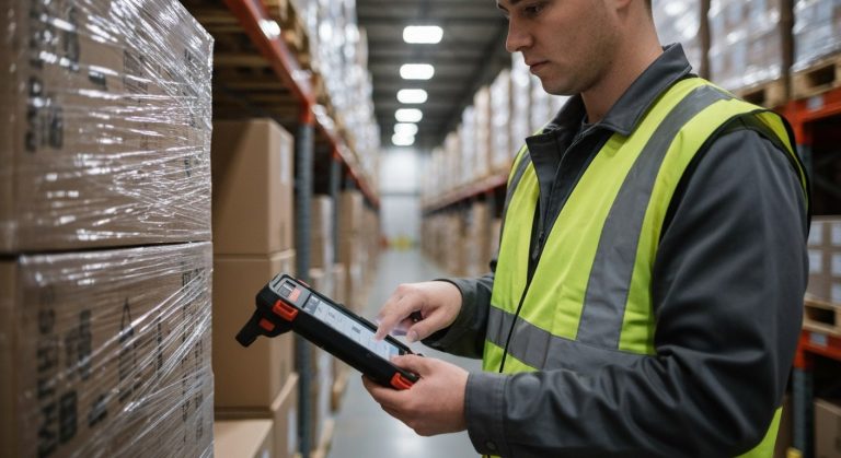 What's an Order Selector? (And Is It Worth It?) 3 An order selector using a handheld digital device to organize freight on a pallet in a warehouse.