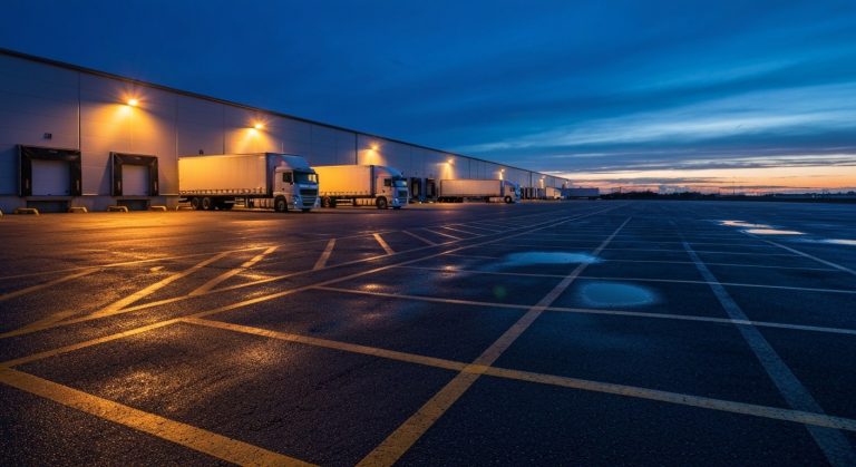 How Many Warehouses Does Walmart Have? (2026 Data) 6 A large modern warehouse at twilight with semi-trucks parked at loading docks under warm yellow lights.