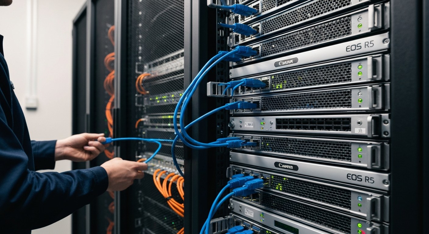 Interior of a modern data center server room with blue LED lights and organized cable management.