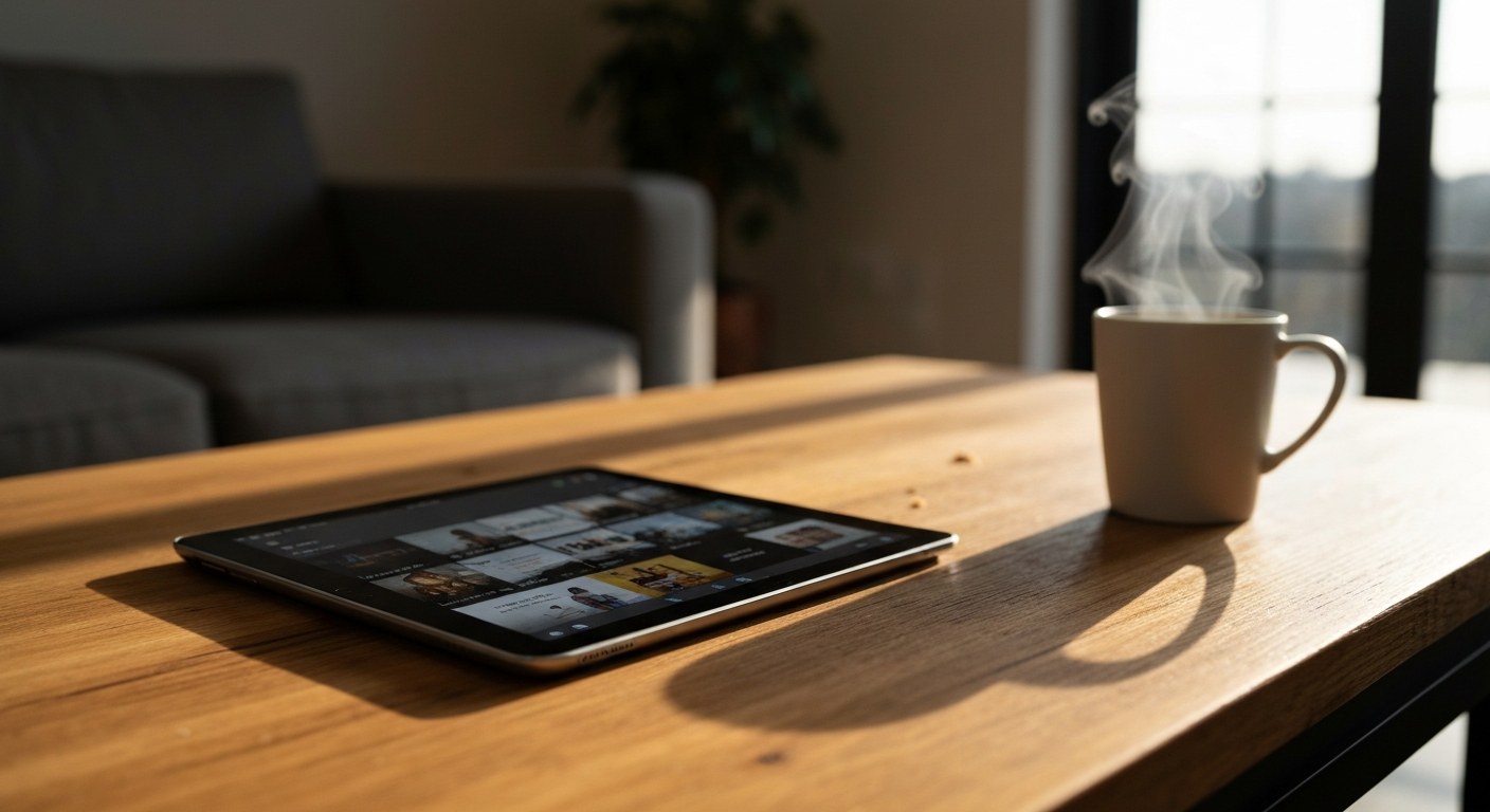 A tablet showing a streaming app interface on a wooden coffee table in a sunlit modern living room.