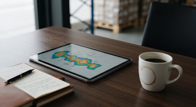 A logistics manager's desk showing a supply chain heat map on a tablet, with handwritten notes and a coffee mug.