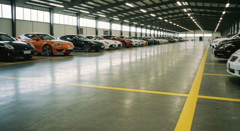 A spacious modern vehicle warehouse with rows of cars parked on a polished concrete floor with yellow markings.