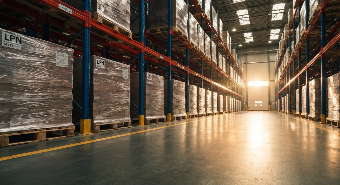 Wide view of a modern warehouse aisle with pallets stored on high racks, each marked with an LPN tracking tag.