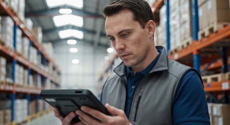 A warehouse associate in a grey vest looks at a handheld digital scanner in a bright, modern logistics facility.