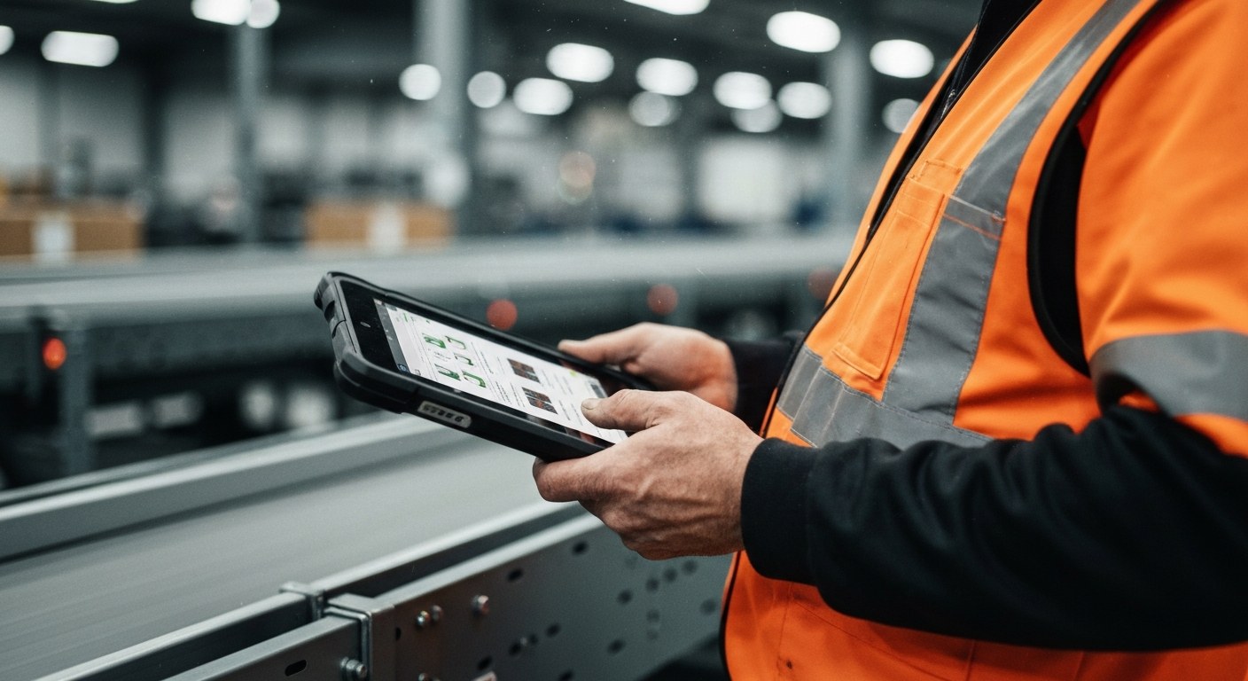 High-Tech Walmart Warehouse Associate at Work A warehouse associate in a safety vest holding a rugged digital tablet in a modern high-tech distribution center.