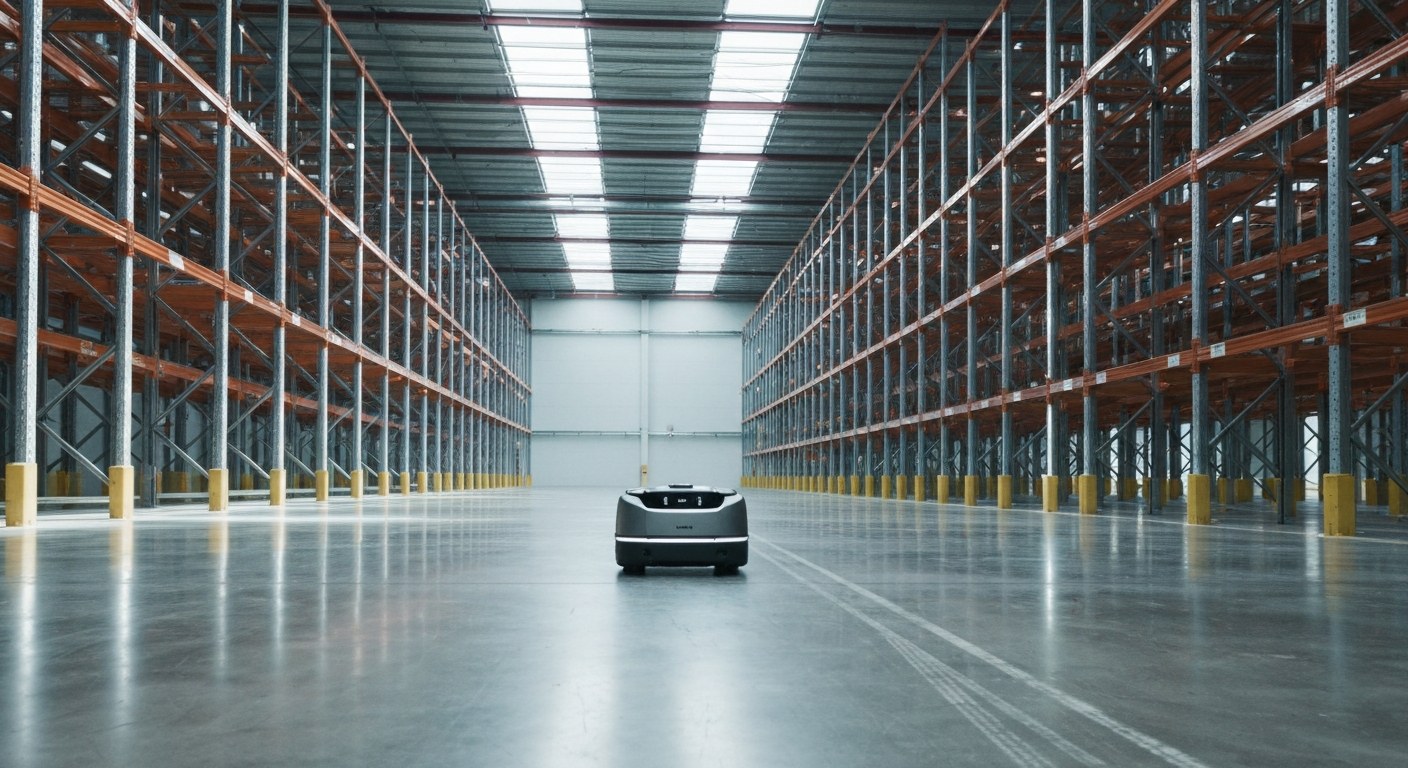 An autonomous mobile robot moving through a modern warehouse with high-density shelving and bright industrial lighting.