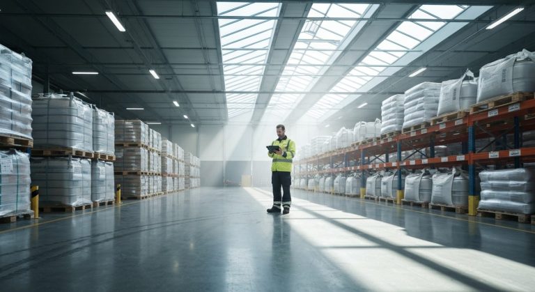A warehouse manager using a tablet in a large, modern distribution center filled with organized bulk packaging.