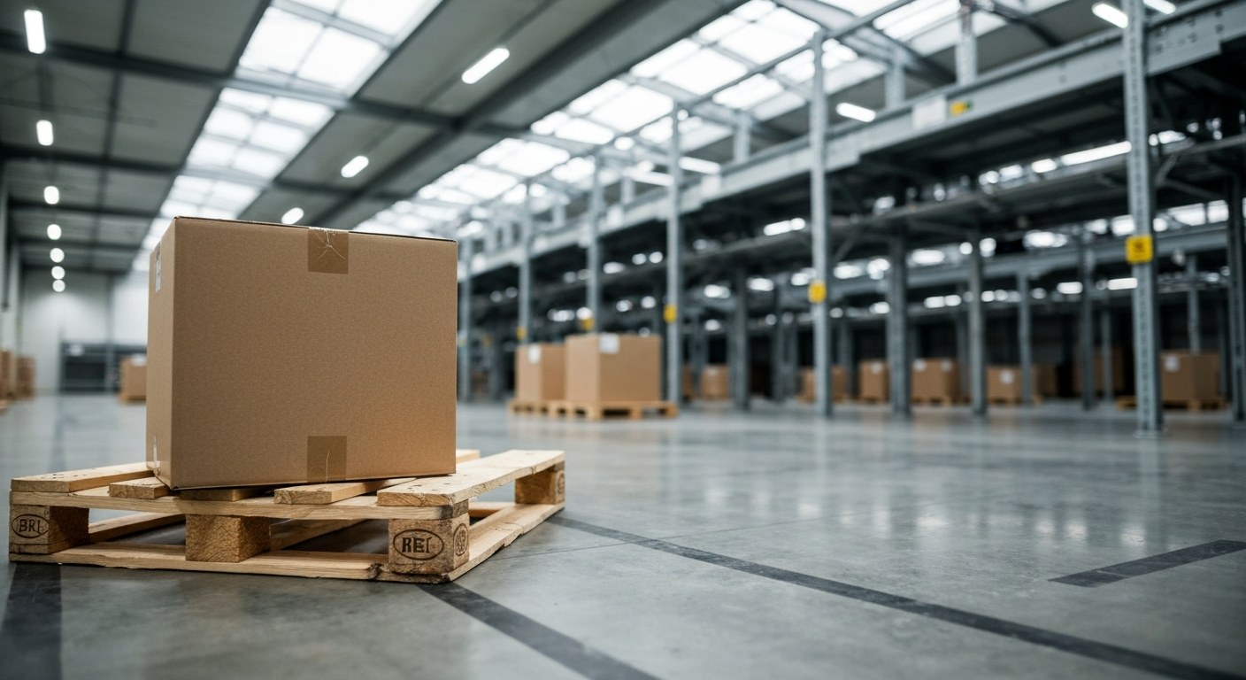 A cardboard box on a wooden pallet inside a vast, modern distribution center with conveyor belts.