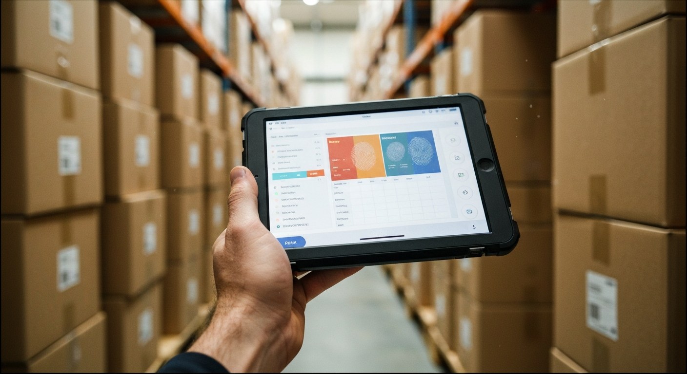 Close-up of a hand holding a digital inventory tablet in a modern warehouse with blurred shelves in the background.