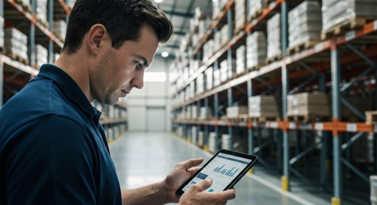 A warehouse manager in a navy shirt reviews inventory data on a digital tablet in a large, sunlit distribution center.