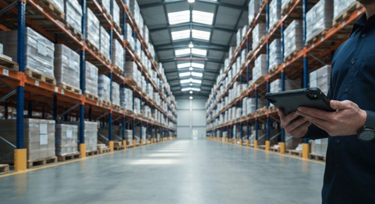 A wide, clean warehouse interior with high shelving units, polished concrete floors, and a worker using a digital tablet.