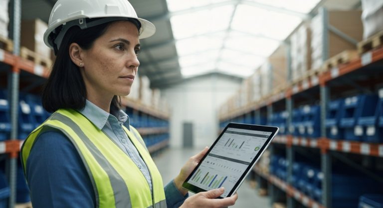 A woman in a modern warehouse environment holding a digital tablet with blurred inventory shelving in the background.