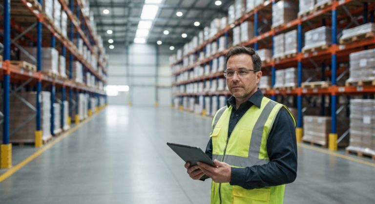 A warehouse manager in a high-vis vest looks at a tablet in a bright, modern warehouse with high ceilings and tall shelves.