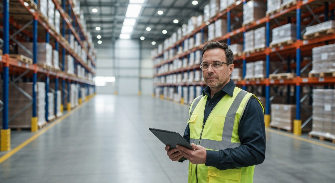 Modern Warehouse Management and Big Data A warehouse manager in a high-vis vest looks at a tablet in a bright, modern warehouse with high ceilings and tall shelves.