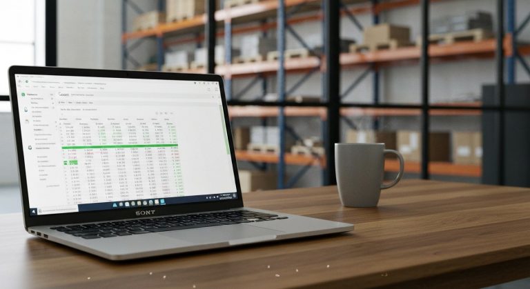 A laptop on a wooden desk showing a spreadsheet in a warehouse office with shelves blurred in the background.