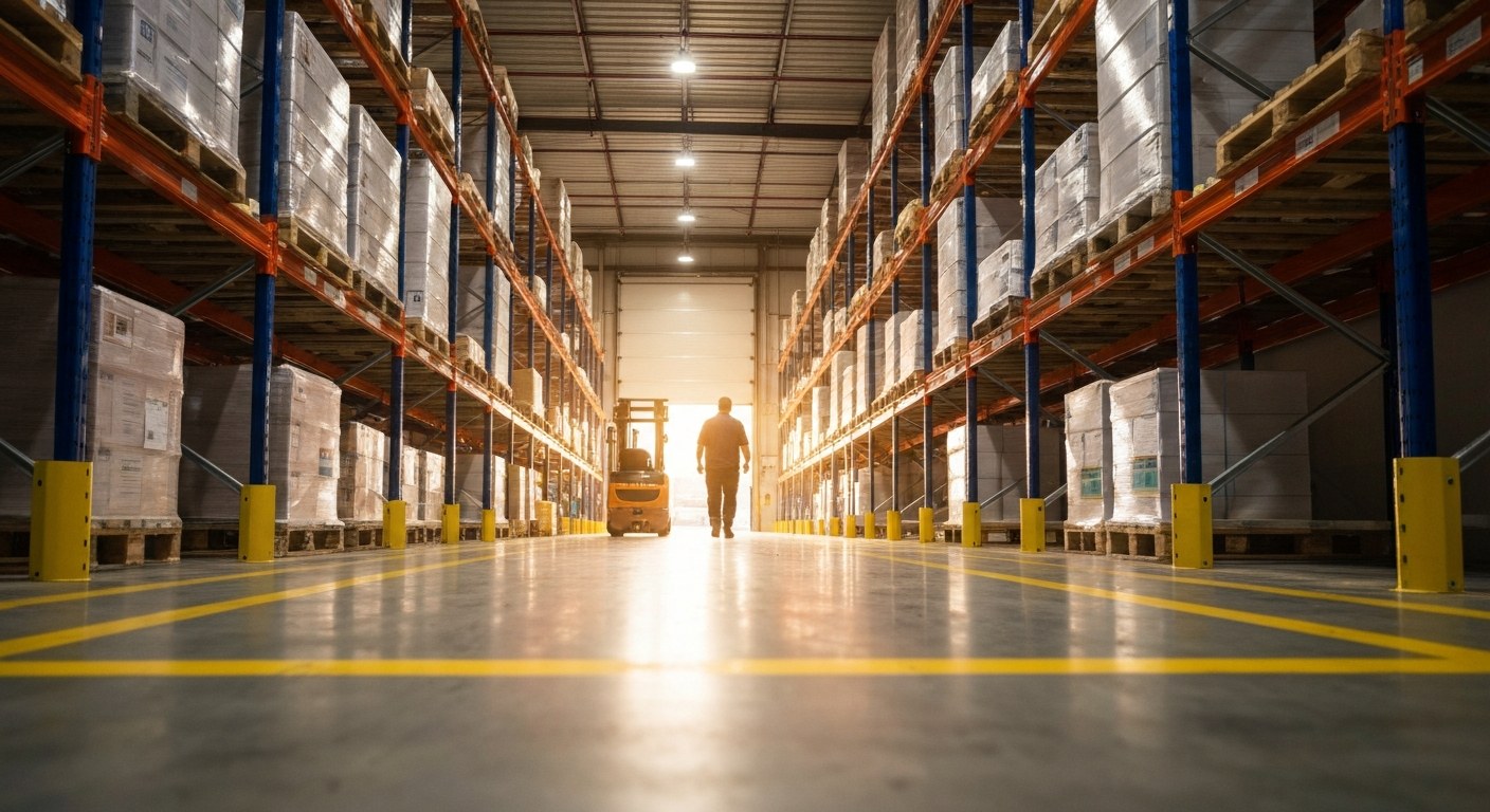 Industrial Warehouse Safety and Compliance A wide view of a spacious warehouse interior with yellow safety lines on the floor and high industrial storage racks.