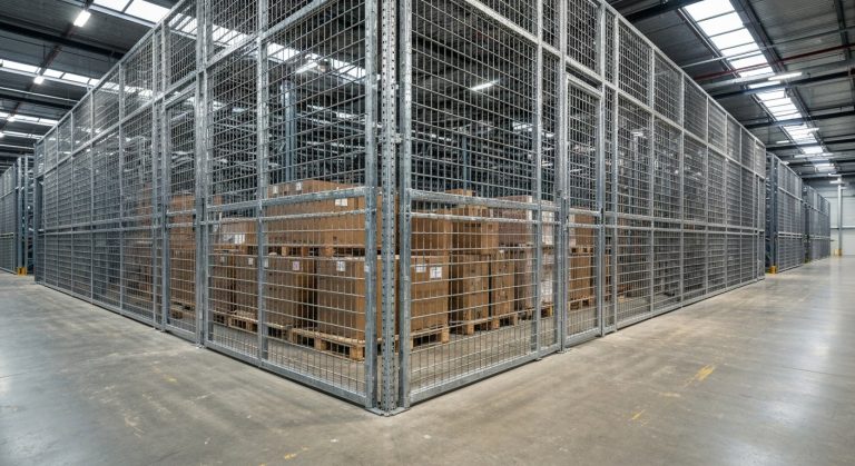 Warehouse Security Cages: Stop Overpaying (2026) 6 A large steel wire mesh security cage enclosing pallets of boxes in a modern, sunlit industrial warehouse facility.