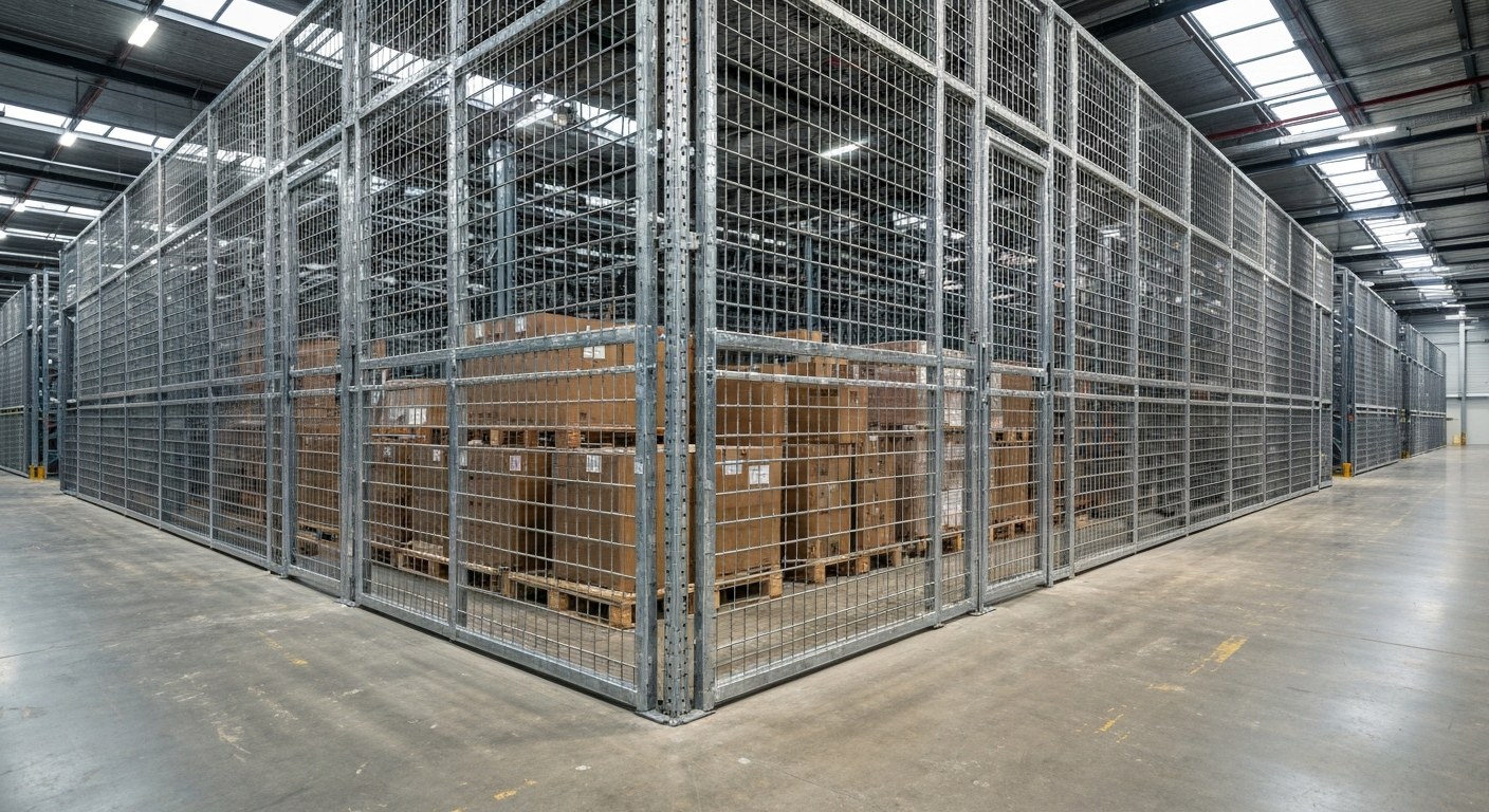 Industrial Warehouse Security Cage Enclosure A large steel wire mesh security cage enclosing pallets of boxes in a modern, sunlit industrial warehouse facility.