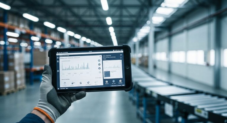 A warehouse manager holds a digital tablet showing a logistics dashboard in a modern, automated distribution center.