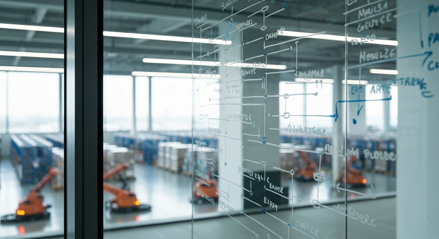 A glass whiteboard with data architecture diagrams in a conference room overlooking an automated warehouse.
