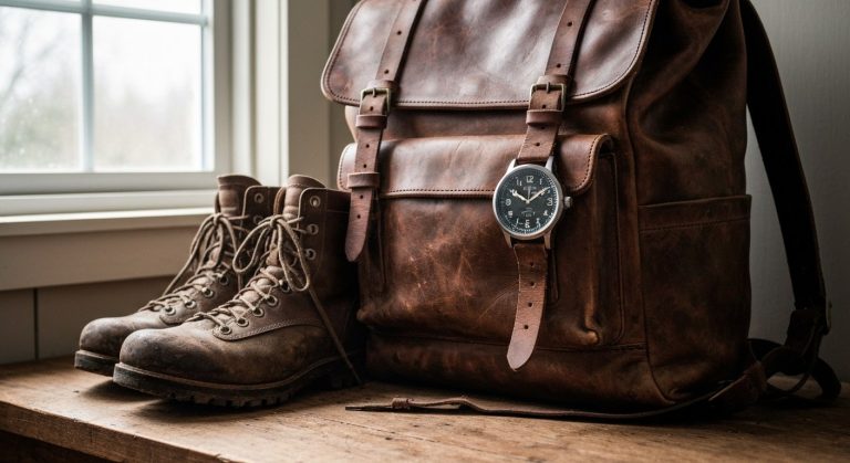 Close-up of a leather backpack, hiking boots, and an analog watch showing 8:45 AM on a wooden bench in soft morning light.