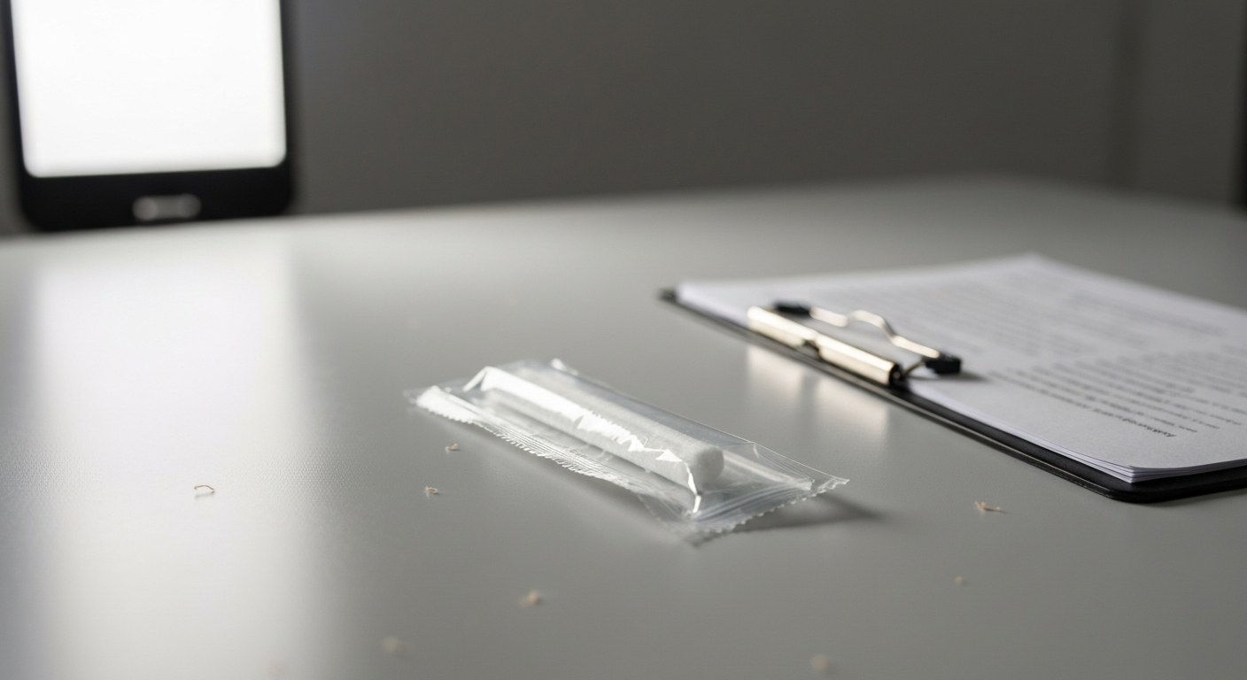 Oral Fluid Testing Procedure A sterile oral fluid drug testing kit sitting on a desk during a job interview.