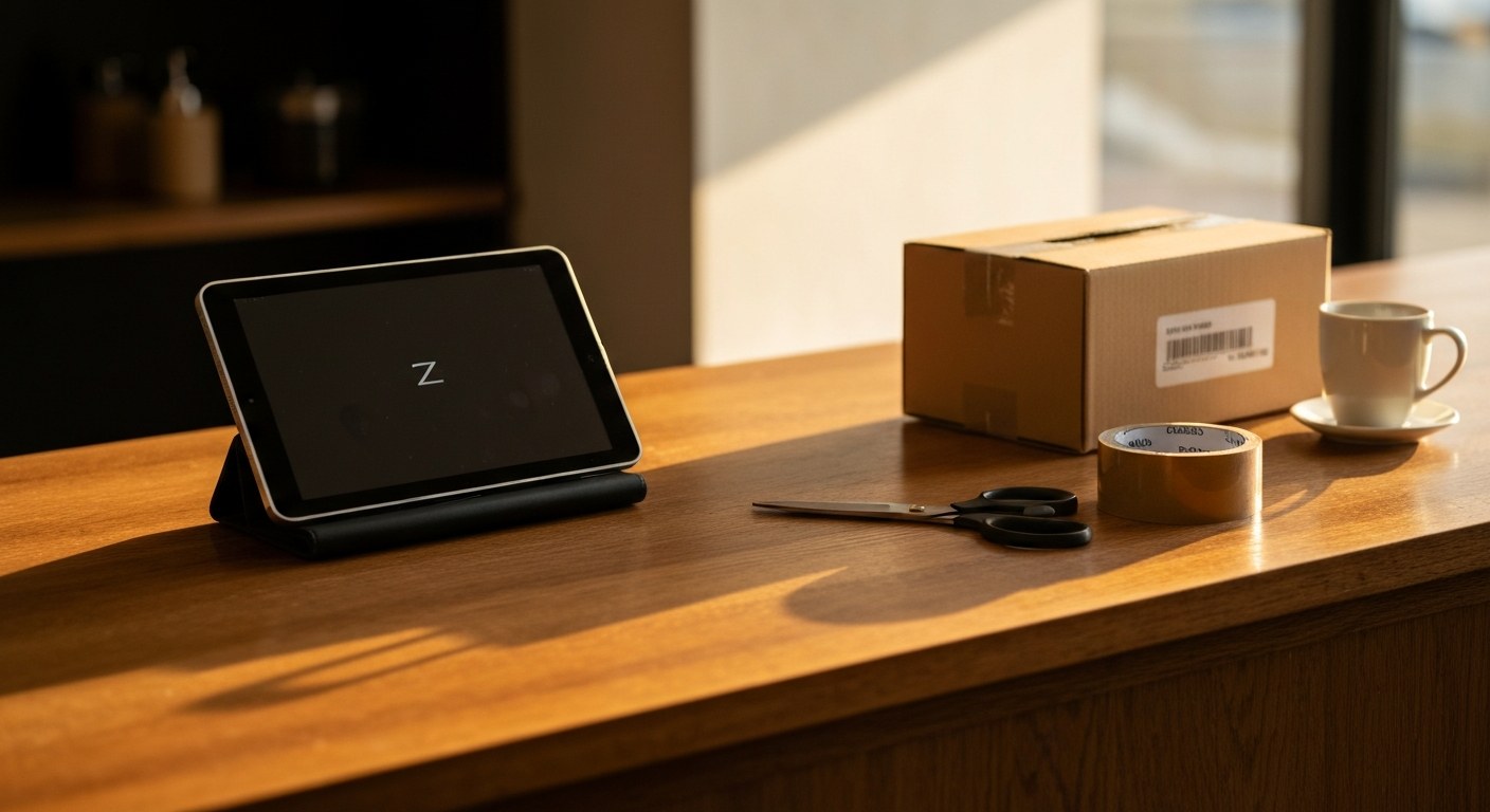 A retail counter with a POS tablet and a shipping box illuminated by warm evening sunlight.