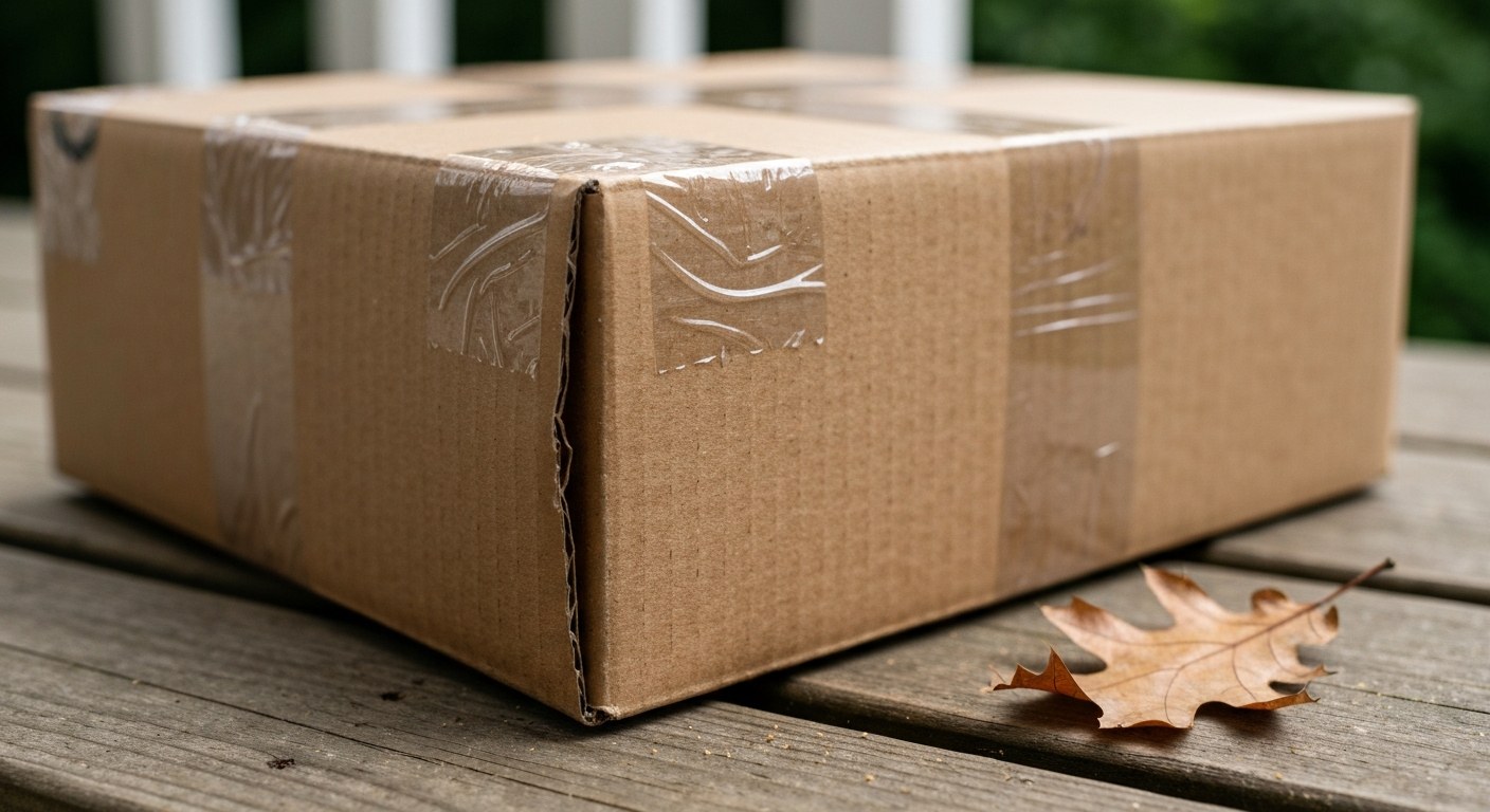 Unexpected Mystery Package on Doorstep A plain cardboard shipping box sits on a wooden porch next to a dry leaf, suggesting an unexpected delivery.
