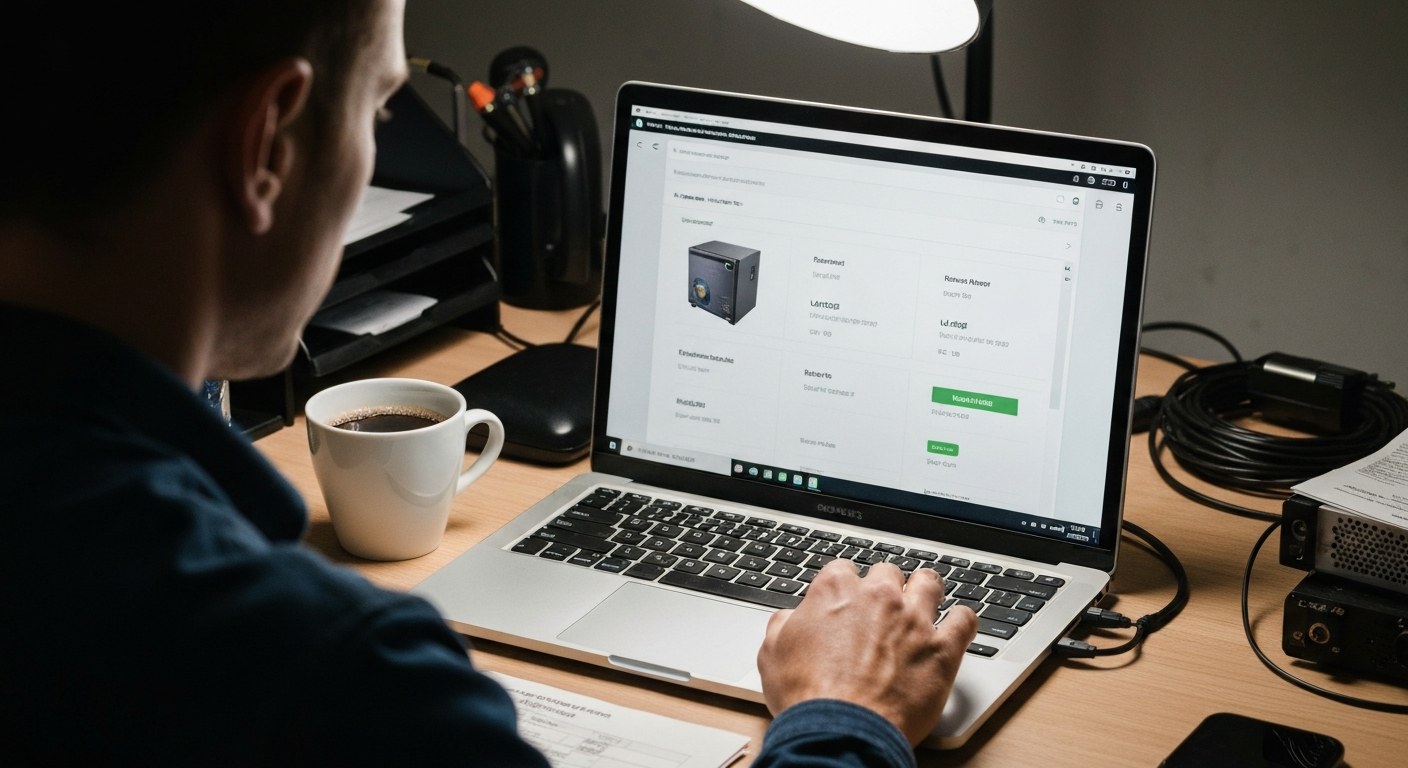 A professional analyzing product listings on a laptop screen to find open-box deals.