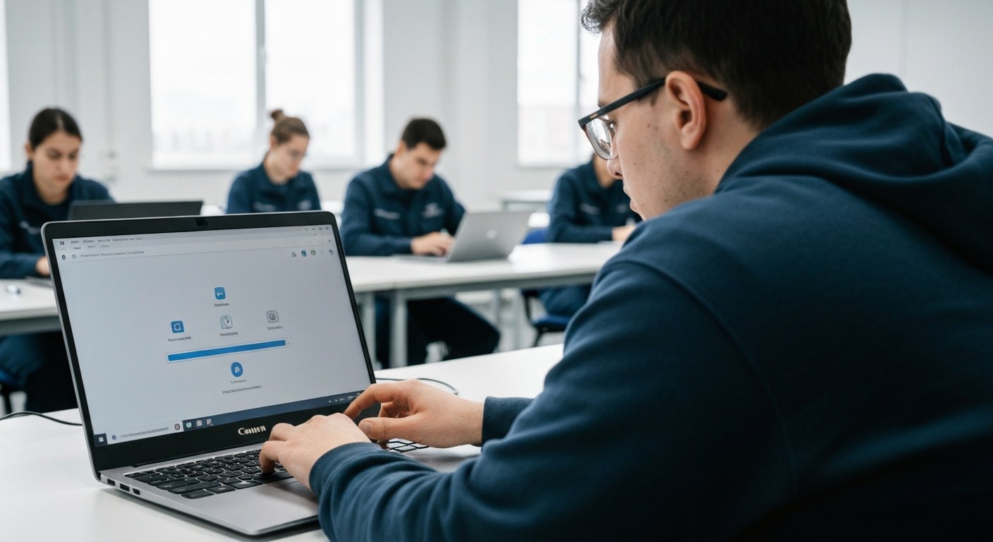 An employee sitting at a desk in a training room using a laptop for orientation modules.