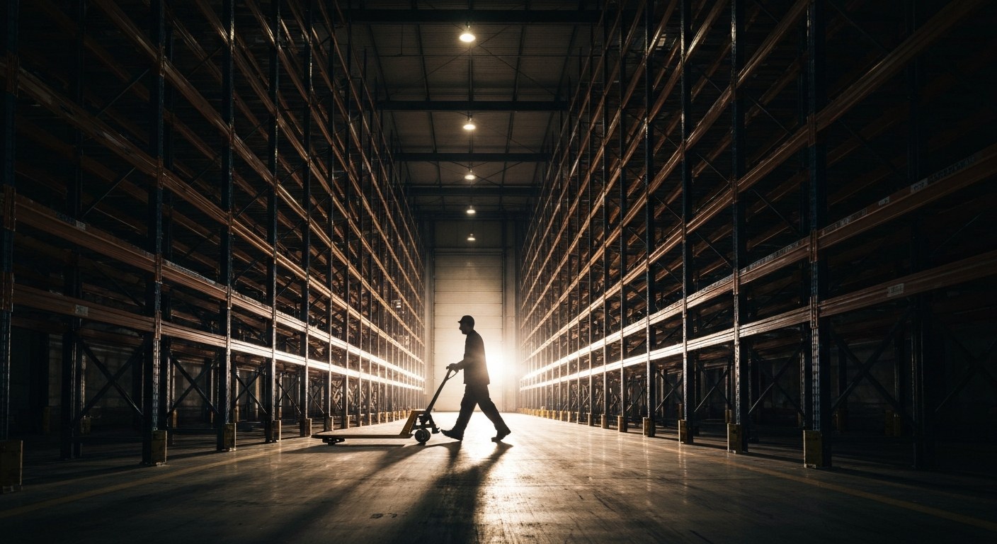 A night shift worker pulls a pallet jack through a vast, dimly lit warehouse with dramatic overhead lighting.