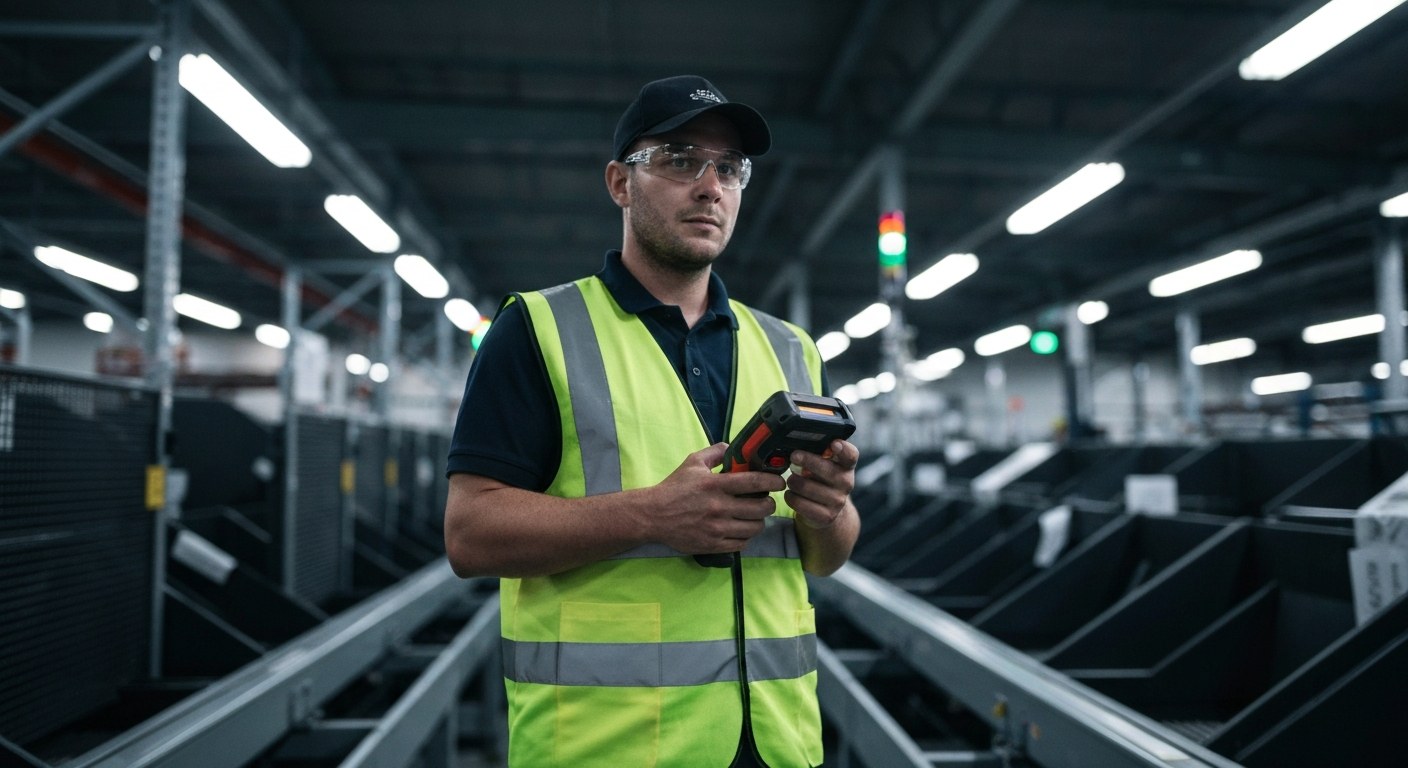 Night Shift Resumption at Sorting Facility A warehouse worker in a reflective safety vest using a handheld scanner in a large distribution hub at night.