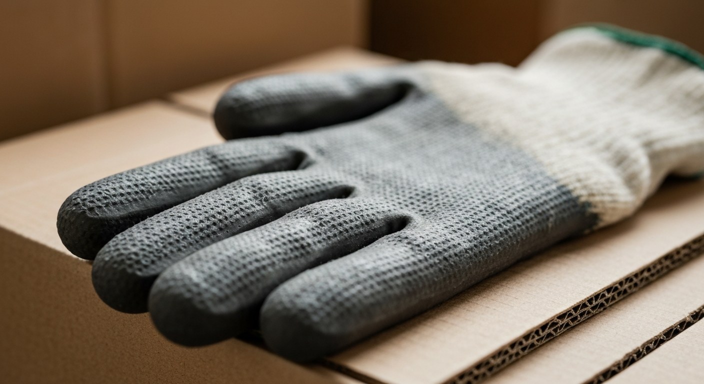 Close-up of a micro-foam nitrile coated glove resting on cardboard, highlighting the porous gripping surface.