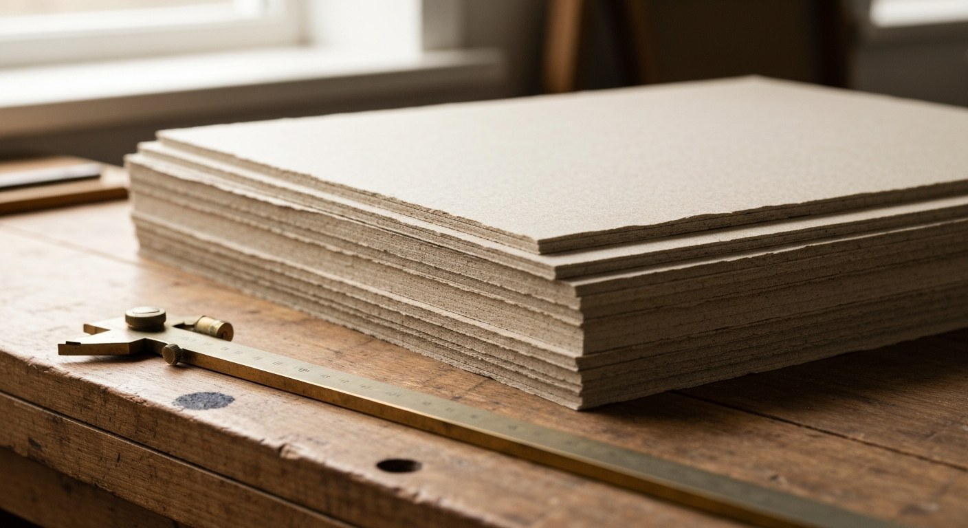 Close-up of thick paperboard samples and a brass caliper on a vintage wooden workbench with soft window light.