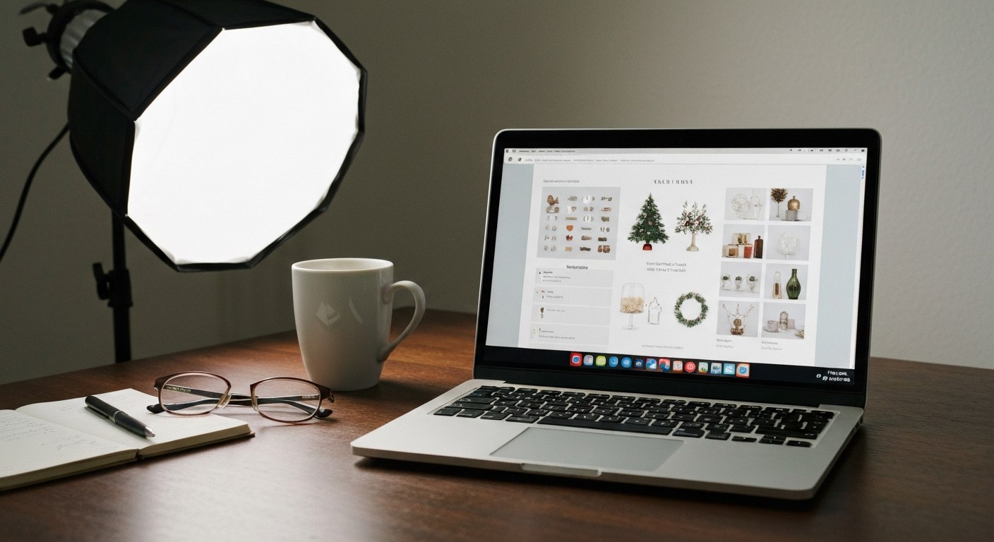 Digital Shopping for Seasonal Decor A laptop on a desk showing an online holiday decor catalog with a coffee mug and notebook nearby.
