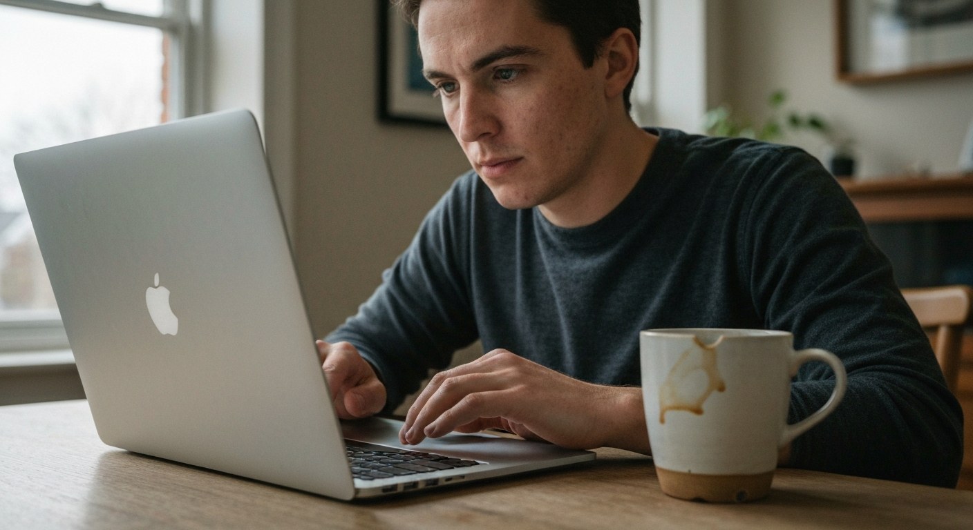 A person using a laptop at a wooden table in a brightly lit room to apply for a job online.